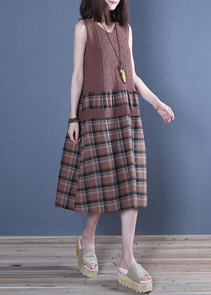 Handmade Chocolate Plaid Linen Dresses O Neck Patchwork Dress