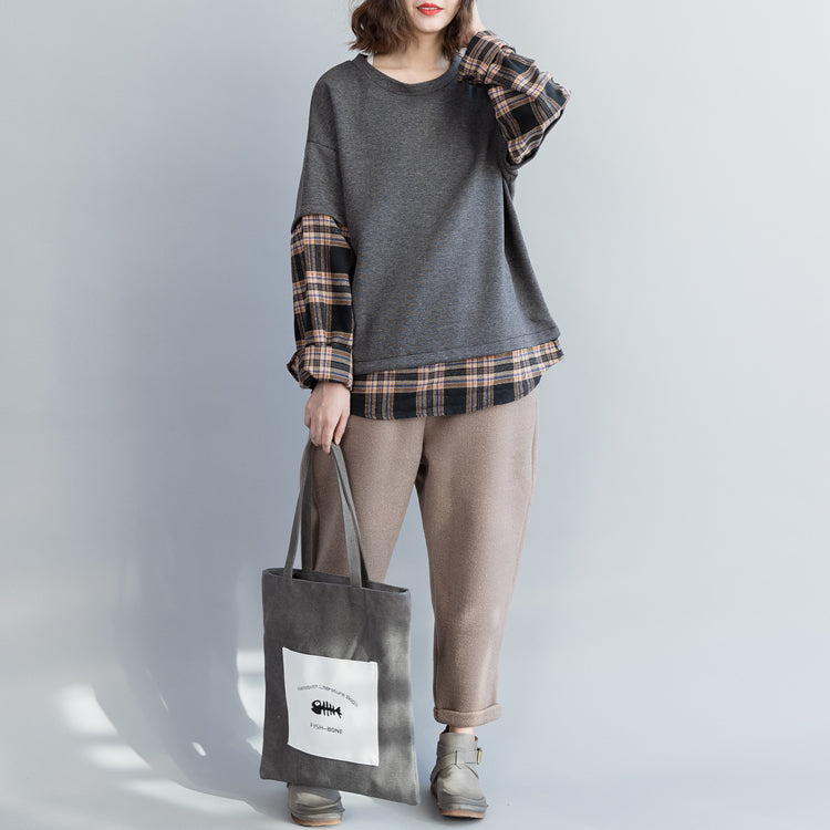 Handmade Cotton Clothes O Neck Patchwork Shape Gray Cotton Tops