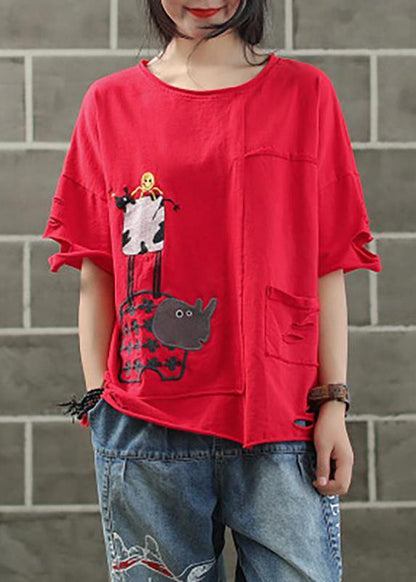 Handmade Cotton Shirts Ripped Hole Embroidery Irregular T-shirt