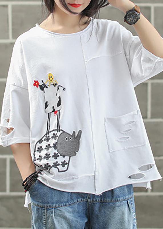 Handmade Cotton Shirts Ripped Hole Embroidery Irregular T-shirt
