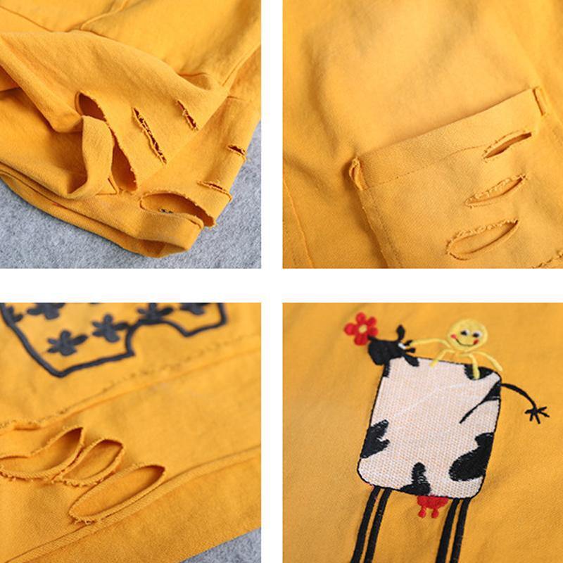 Handmade Cotton Shirts Ripped Hole Embroidery Irregular T-shirt