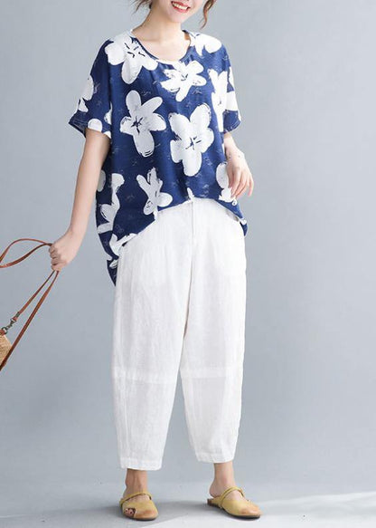 Handmade Dark Blue Print Clothes O Neck Blouses