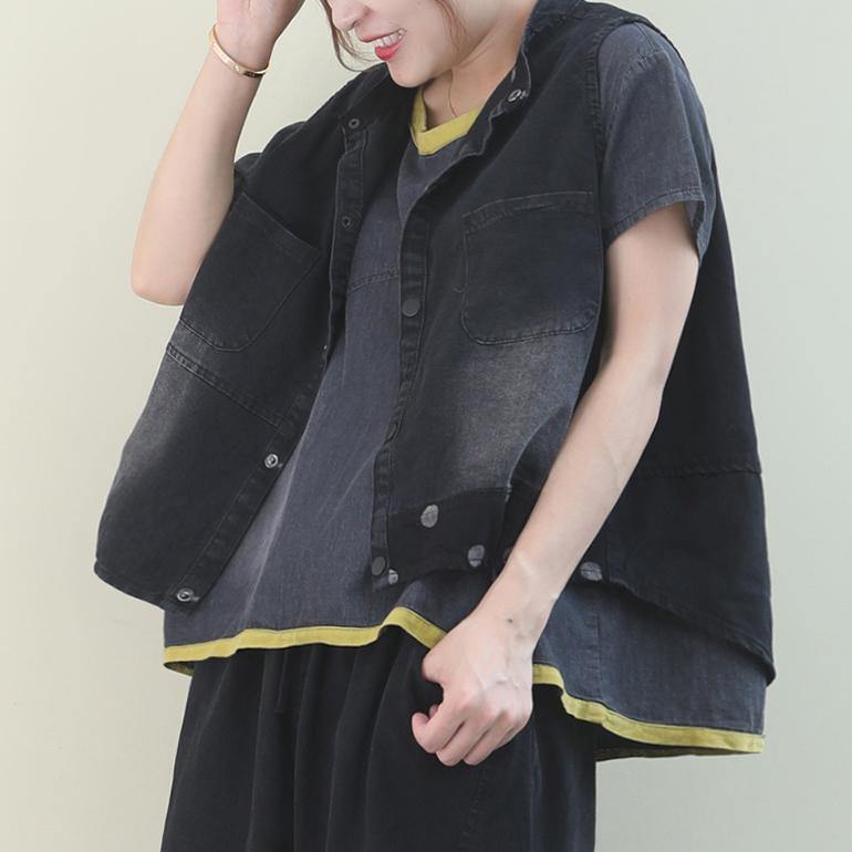 Handmade Denim Black Dotted Cotton Top Sleeveless Tops