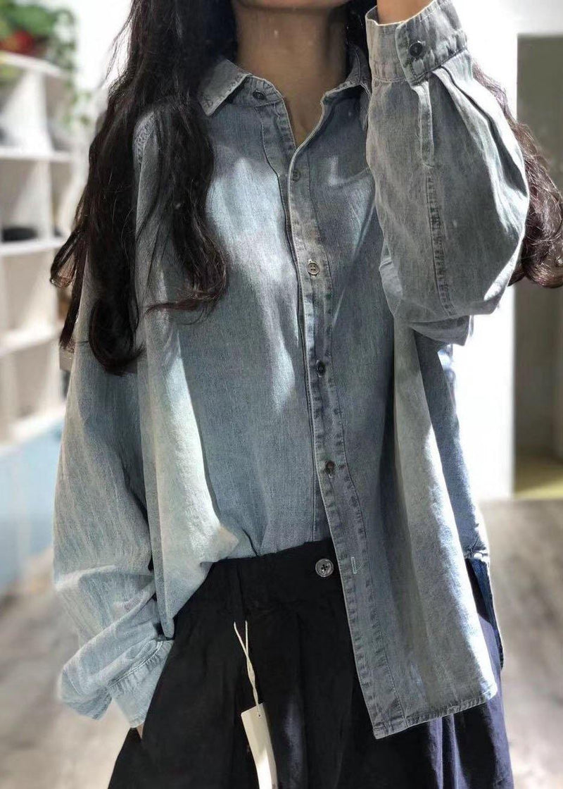 Handmade Denim Blue Linen Box Top Lapel Collar Clothing Fall Top