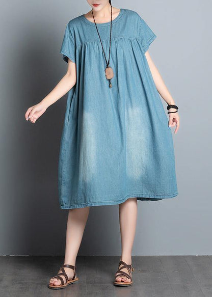 Handmade Denim Blue Quilting Clothes O Neck Patchwork Daily Summer Dress