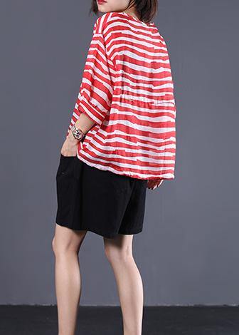 Handmade Drawstring Hem Cotton Tunics for Sleeve Red Striped Shirts Summer