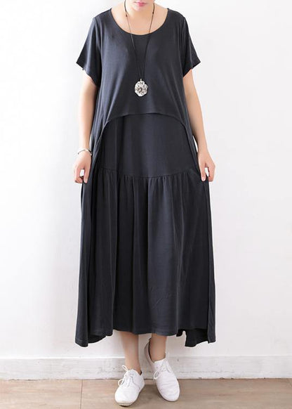 Handmade Dull Gray Tunics Pakistani Shape Patchwork Extra Large Hem Silk Summer Dresses