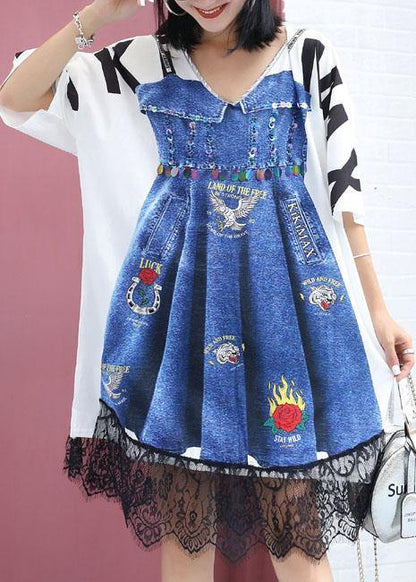 Handmade False Two Pieces Cotton Clothes Ideas White Print Dress Summer