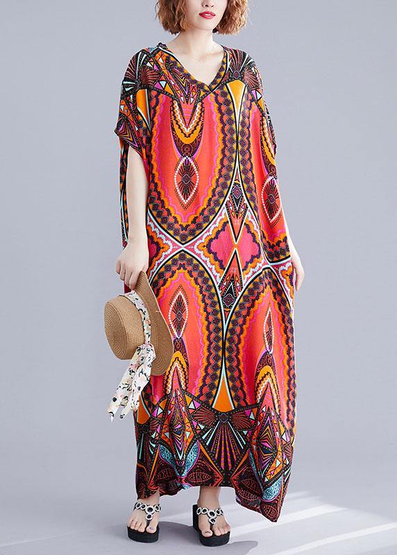 Handmade Cotton Tunic Dress V Neck Batwing Sleeve Traveling Summer Dresses