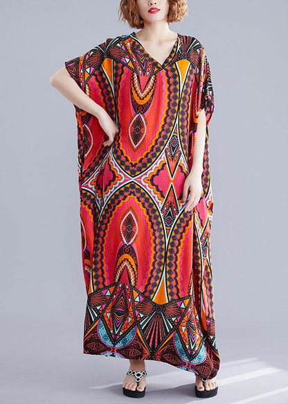 Handmade Cotton Tunic Dress V Neck Batwing Sleeve Traveling Summer Dresses