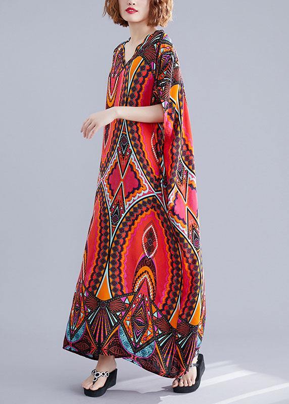 Handmade Cotton Tunic Dress V Neck Batwing Sleeve Traveling Summer Dresses