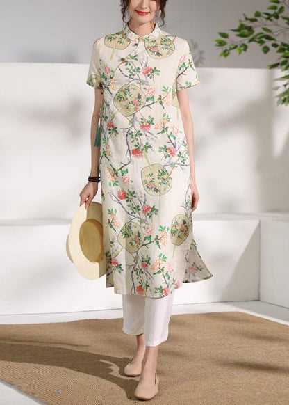 Handmade Linen Long Shirts Stand Collar Button Down Midi Dresses