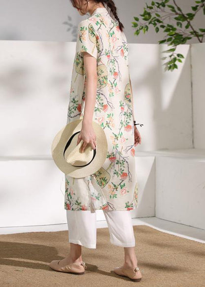 Handmade Linen Long Shirts Stand Collar Button Down Midi Dresses