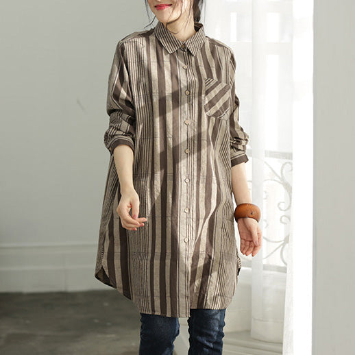Handmade Gray Chocolate Striped Cotton Clothes for Shirts Button Down Knee Shirt