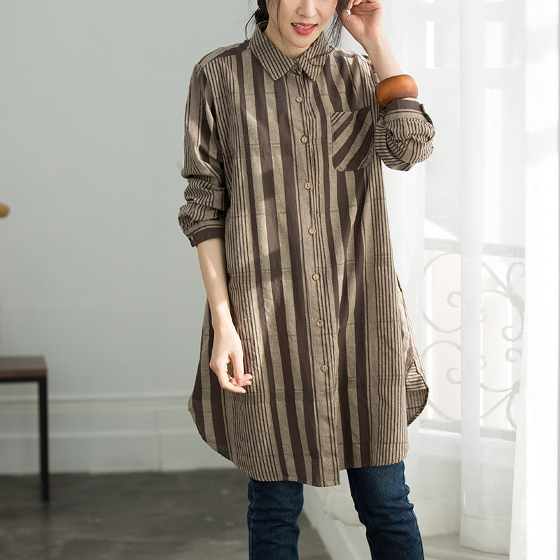 Handmade Gray Chocolate Striped Cotton Clothes for Shirts Button Down Knee Shirt