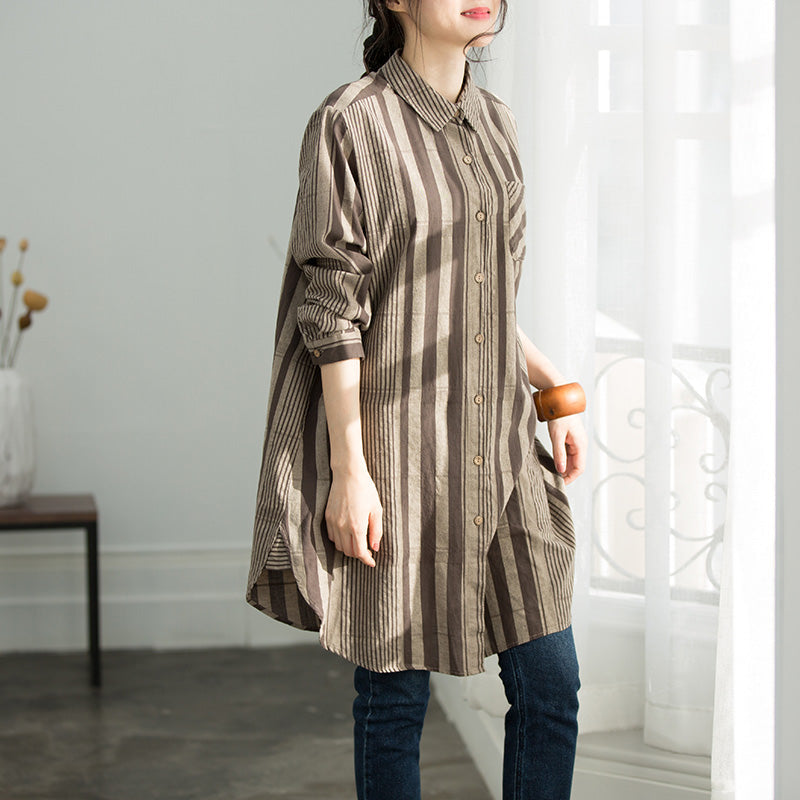 Handmade Gray Chocolate Striped Cotton Clothes for Shirts Button Down Knee Shirt