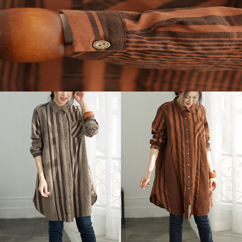 Handmade Gray Chocolate Striped Cotton Clothes for Shirts Button Down Knee Shirt