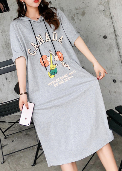 Handmade Gray Cotton Dress O Neck Short Sleeve Cotton Robes Summer Dresses