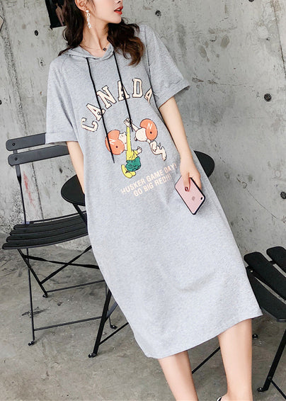 Handmade Gray Cotton Dress O Neck Short Sleeve Cotton Robes Summer Dresses