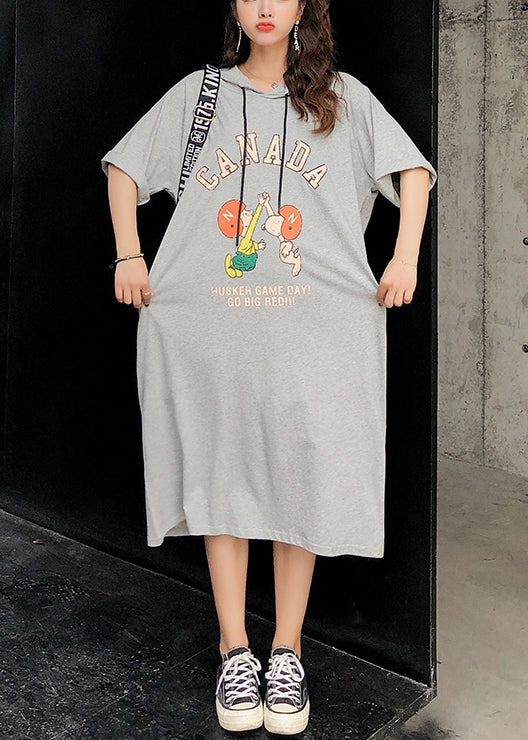 Handmade Gray Cotton Dress O Neck Short Sleeve Cotton Robes Summer Dresses
