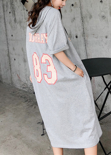 Handmade Gray Cotton Dress O Neck Short Sleeve Cotton Robes Summer Dresses