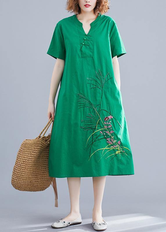 Handmade Green Embroidery Linen Robes Chinese Button Cotton Summer Dresses