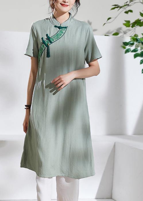 Handmade Green Embroidery Linen Dresses Stand Collar Loose Summer Dress