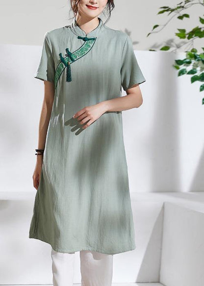 Handmade Green Embroidery Linen Dresses Stand Collar Loose Summer Dress