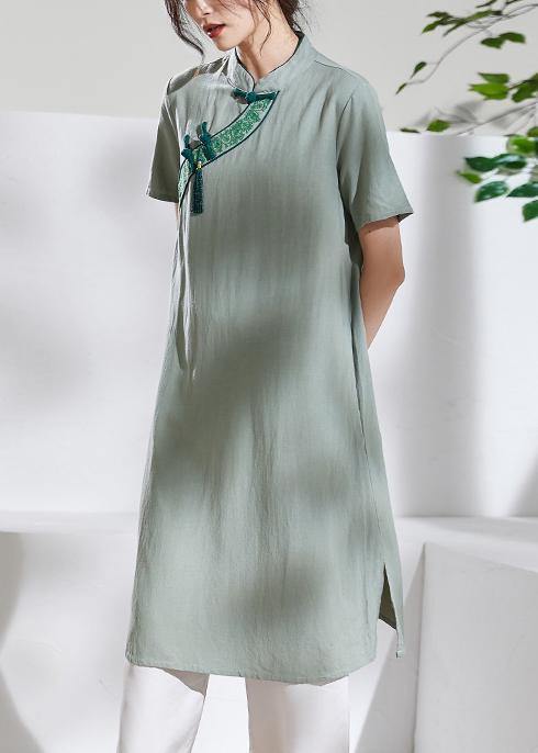 Handmade Green Embroidery Linen Dresses Stand Collar Loose Summer Dress