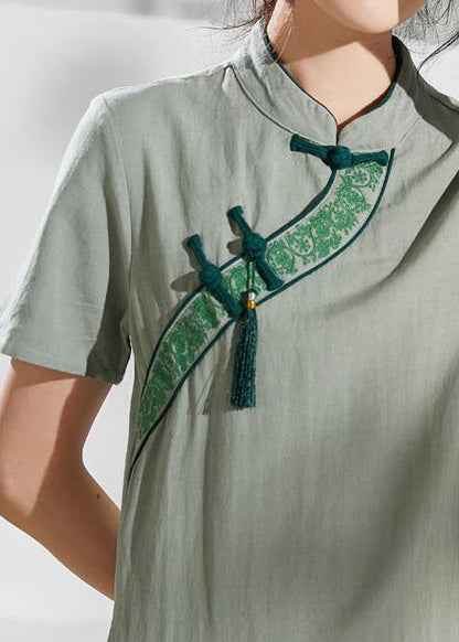 Handmade Green Embroidery Linen Dresses Stand Collar Loose Summer Dress