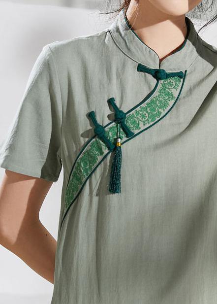 Handmade Green Embroidery Linen Dresses Stand Collar Loose Summer Dress