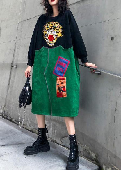 Handmade Green Embroidery Outfit O Neck Patchwork Art Dresses