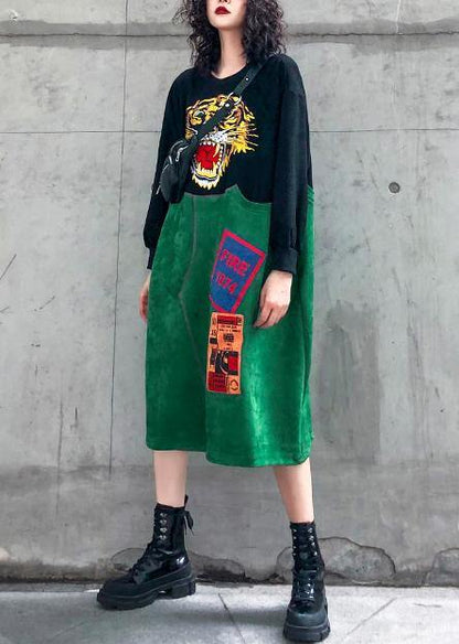 Handmade Green Embroidery Outfit O Neck Patchwork Art Dresses