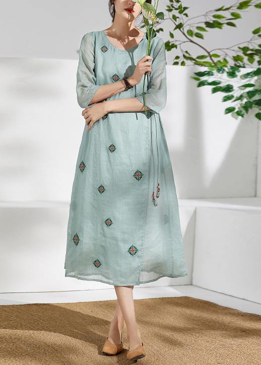Handmade Green Linen Clothes for O Neck Embroidery Long Dresses