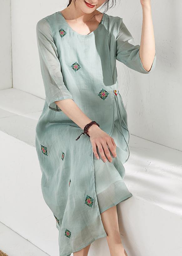 Handmade Green Linen Clothes for O Neck Embroidery Long Dresses