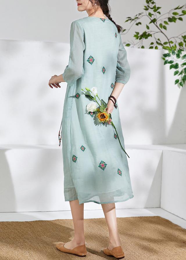 Handmade Green Linen Clothes for O Neck Embroidery Long Dresses