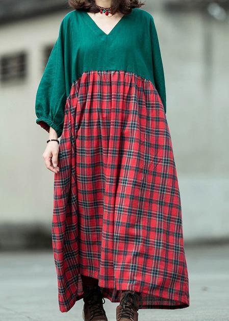 Handmade Green Patchwork Plaid Cotton Quilting Dresses V Neck Lantern Sleeve Cotton Robes Summer Dress