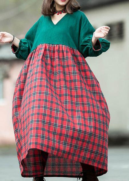 Handmade Green Patchwork Plaid Cotton Quilting Dresses V Neck Lantern Sleeve Cotton Robes Summer Dress