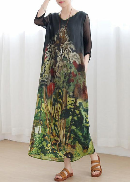 Handmade Green Print Robes V Neck Tie Waist Maxi Summer Dress