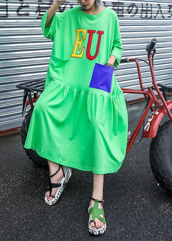 Handmade Green Print Cotton Wardrobes O Neck Pockets Long Summer Dress
