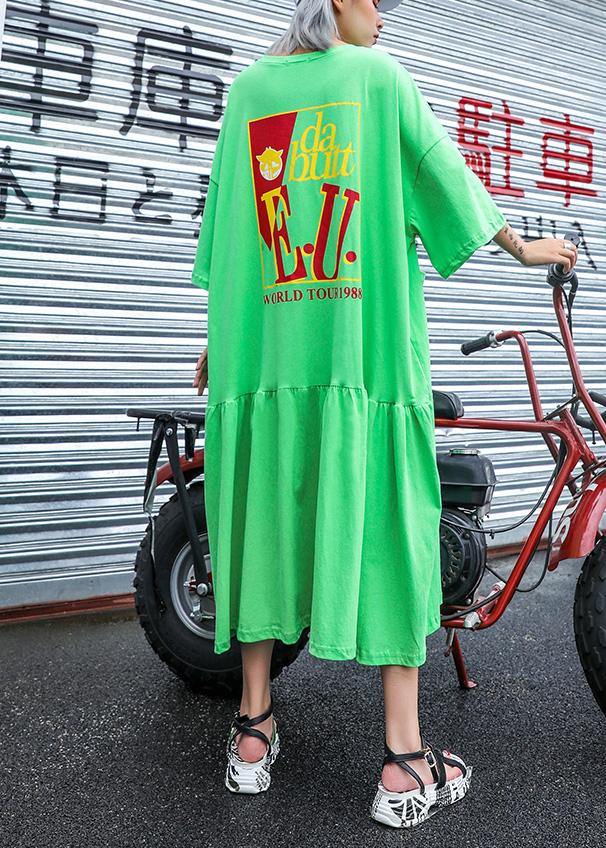 Handmade Green Print Cotton Wardrobes O Neck Pockets Long Summer Dress