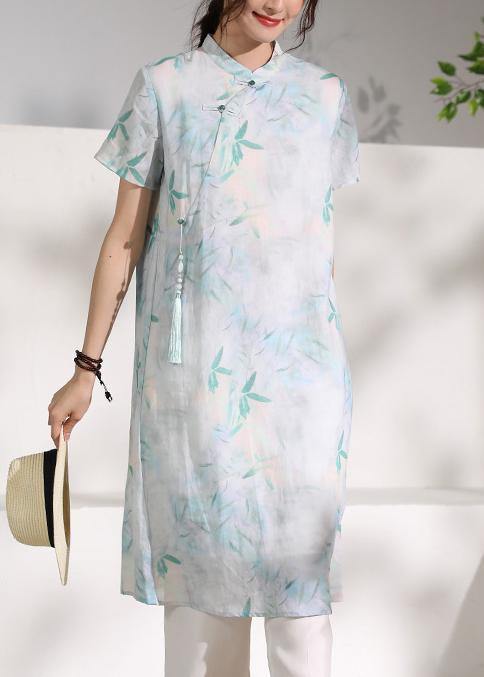 Handmade Green Print Linen Clothes Stand Collar Tassel Oversized Summer Dresses