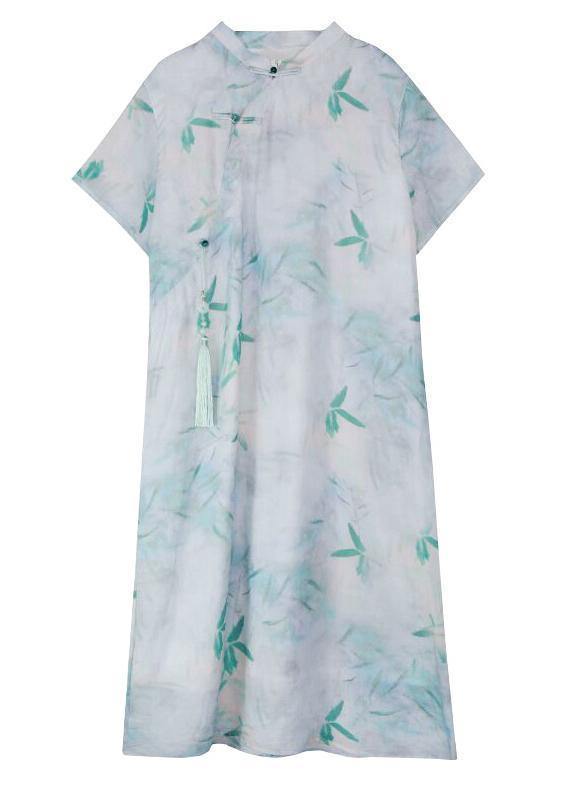 Handmade Green Print Linen Clothes Stand Collar Tassel Oversized Summer Dresses