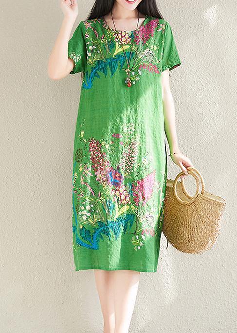 Handmade Green Prints Linen Cotton Quilting Clothes O Neck Tunic Summer Dresses