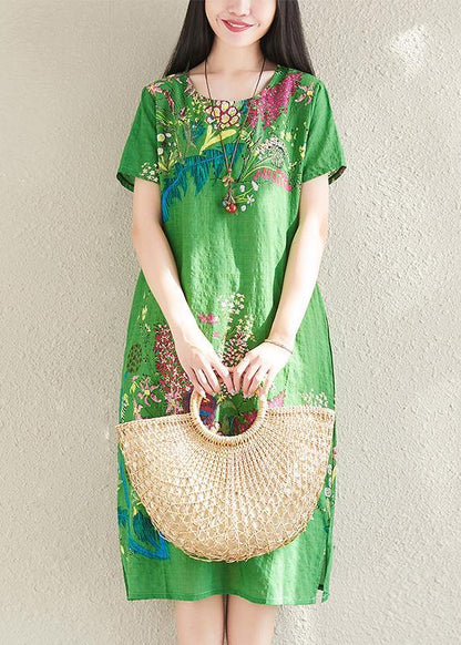 Handmade Green Prints Linen Cotton Quilting Clothes O Neck Tunic Summer Dresses