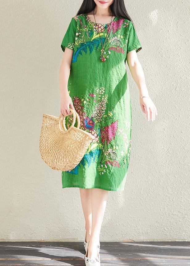 Handmade Green Prints Linen Cotton Quilting Clothes O Neck Tunic Summer Dresses