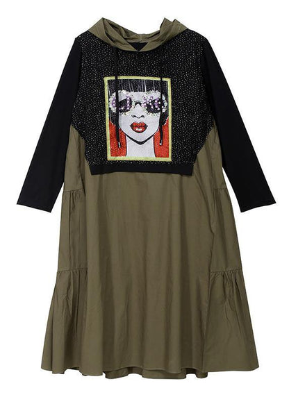 Handmade Hooded Cotton Prints Tunic Dress Fall Work Green Patchwork Art Dress