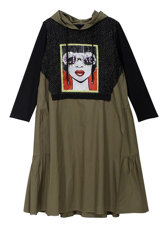 Handmade Hooded Cotton Prints Tunic Dress Fall Work Green Patchwork Art Dress