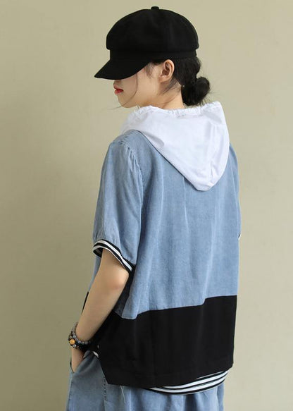 Handmade Hooded Patchwork Cotton Blouses for Shape Black Tops