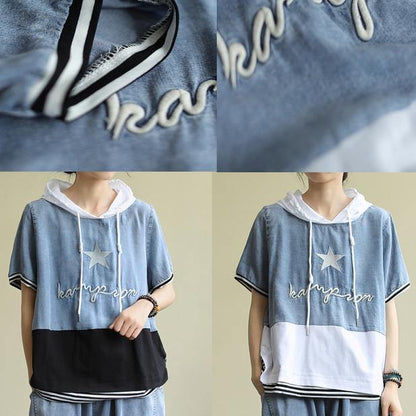 Handmade Hooded Patchwork Cotton Blouses for Shape Black Tops